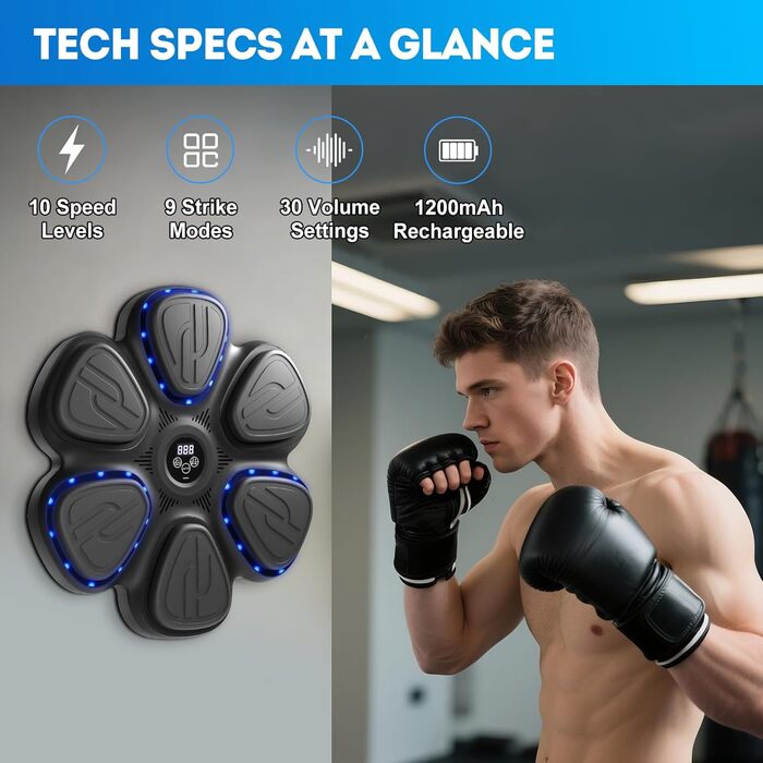 Музична боксерська машина: тренажер для боксу вдома з Bluetooth, LED та акумулятором 1200mAh