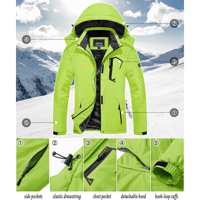 TACVAEN Куртка перехідна жіноча тепла зимова фльорокована куртка для хаджінг, водонепроникний блискавка, біло-чорний (XL, неоново-зелений)