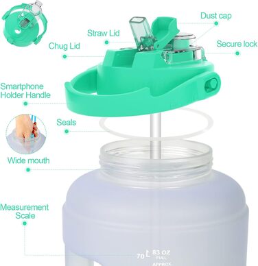 Спортивна пляшка BuildLife 2,5 л з маркуванням часу та двома кришками - без BPA - для спортзалу (2500 мл, фіолетово-зелений, 2500 мл)