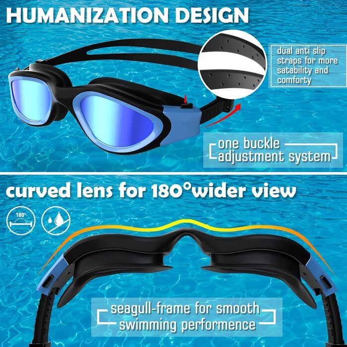 Окуляри для плавання Winline Polarized/Non-Polarized для дорослих та підлітків, антизапітніння, захист від УФ, водонепроникні, чіткий огляд, легке регулювання, м'які носові упори, для чоловіків та жінок, Blue&Black/Blue Polarized Mirrored Lens