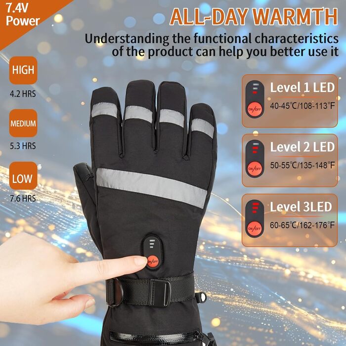 Електричні гріючі рукавички для чоловіків та жінок, 7.4V 5000mAh/6000mAh, сенсорний екран, 3 режими, 45/50/55°C, антиковзкі, для катання на велосипеді, лижах, кемпінгу (чорний, 6000mAh)