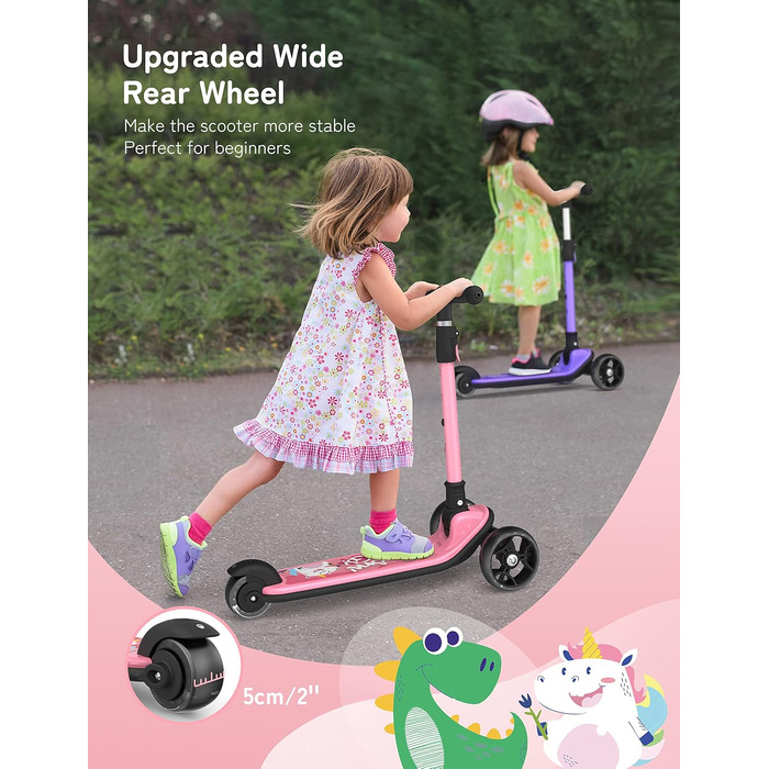 Дитячий самокат Besrey з великими колесами, світлодіодними ліхтарями та регульованою висотою, для дітей 3-8 років (Рожевий, Єдиноріг)