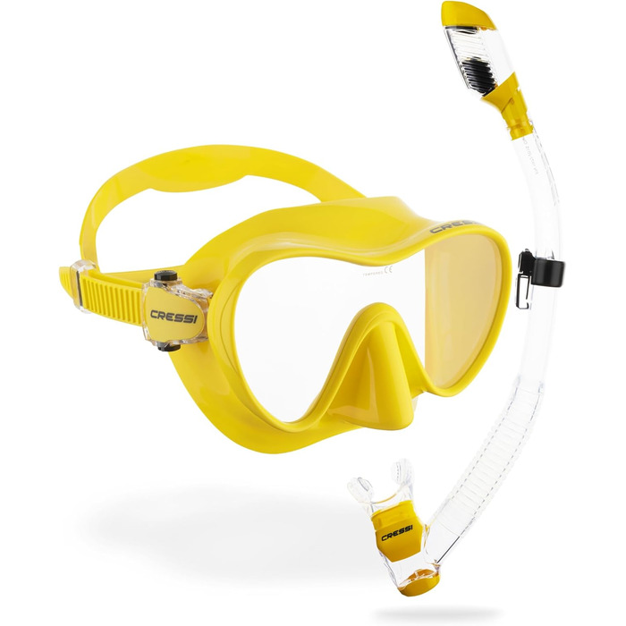 Маска для снорклінгу Cressi F1 (Рамка відсутня) + Трубка Dry - Комбо Набір для Дайвінгу та Снорклінгу, Унісекс, Прозора/Жовта