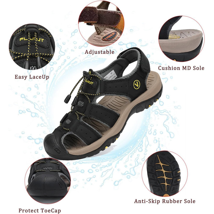 Чоловічі сандалі FLARUT для туризму, піших прогулянок та пляжу. Шкіряні трекінгові сандалі, спортивні літні кросівки 43 EU, чорні