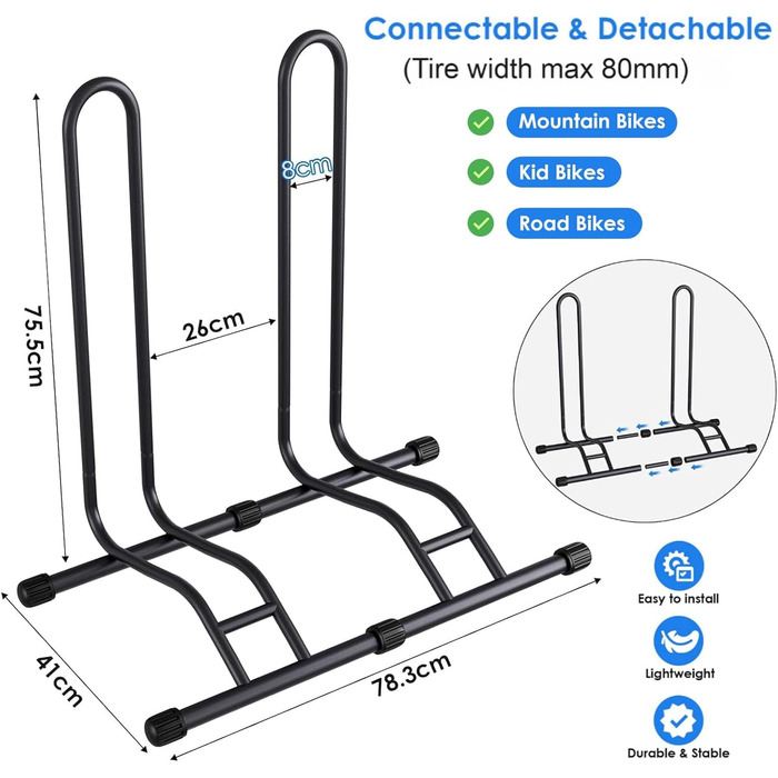 Підставка для велосипеда TLGREEN на підлогу, 2 шт., знімний тримач для заднього колеса, сумісна з велосипедами 20-28 дюймів, для MTB, шосе, гірського велосипеда, чорний