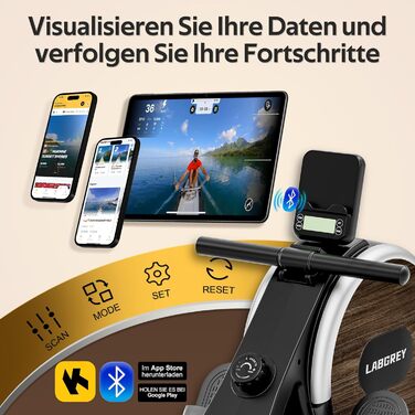 LABGREY Гребний тренажер для дому, магнітний, Bluetooth, LCD-дисплей, для кардіотренувань