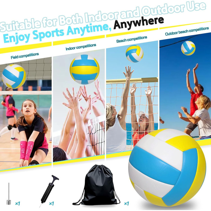 Волейбольний м'яч для пляжу та залу: тренувальний, розмір 5, з рюкзаком та насосом