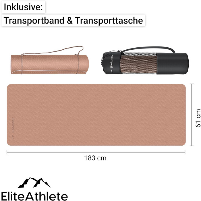 Килимок для йоги EliteAthlete - спортивний, фітнес, гімнастичний з антиковзаючим покриттям. Розмір 183x61x0.6 см. З транспортним ременем та сумкою (Коричневий – Кремовий)