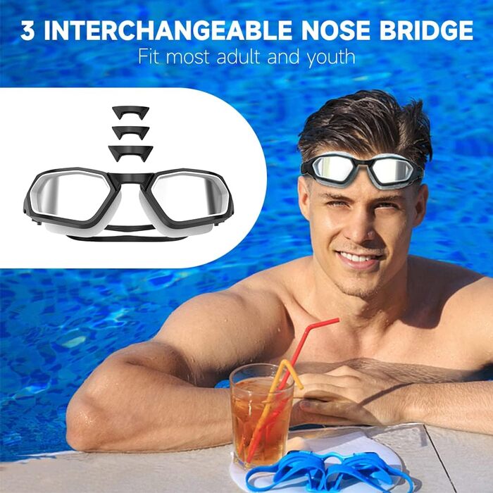Окуляри для плавання Findway: антизапітніння, захист від УФ, поляризація, для чоловіків, жінок, підлітків, з запасним носовим упором, без витоків, чіткий огляд, чорний & білий/поляризована димчаста лінза (чорний & білий/срібна поляризована дзеркальна лінз