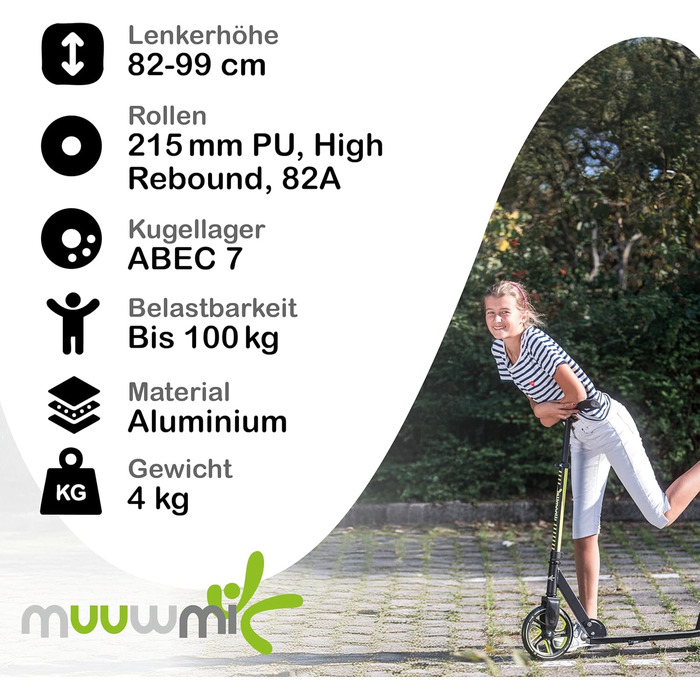 Скутер Muuwmi Pro з алюмінію – для дітей та дорослих, 215 мм, ABEC 7, регульована висота, блакитний, сертифікат GS