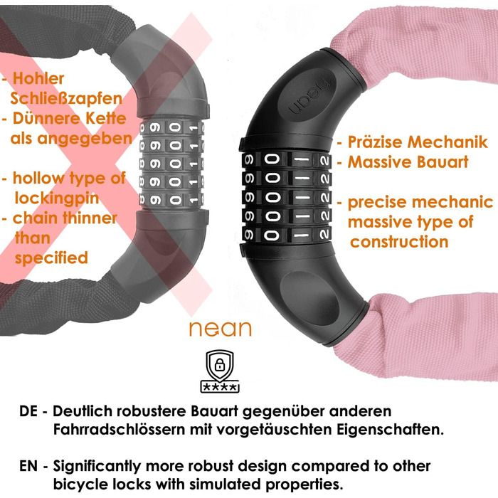 Велосипедне замкeць Nean з кодом та високим рівнем безпеки, 6 мм x 900 мм, рожевий