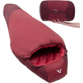 Сплячий мішок Qeedo Fluffy 0 Daunen 4 сезони (комфортна температура 0°C) - легкий, компактний, RDS-сертифікований - для кемпінгу, трекінгу, подорожей - червоний (170-195 см)