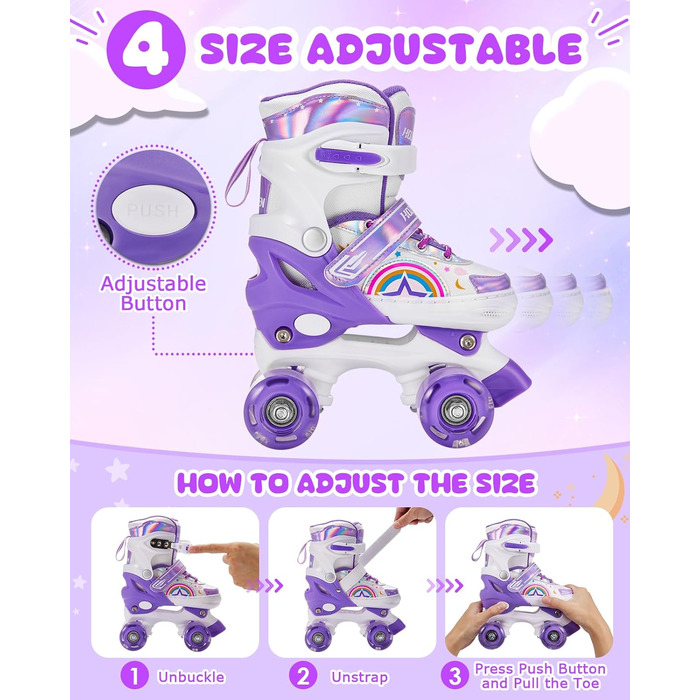 Роликові ковзани для дітей, регульовані, 4 розміри, для дівчаток та хлопчиків, підходять для початківців, зручні та дихаючі, рожево-фіолетові