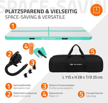 Надувний гімнастичний мат Airtrack ECD Germany для тамблінгу та фітнесу, 300 x 100 x 10 см, м'ятно-зелений (з електричним насосом та сумкою)