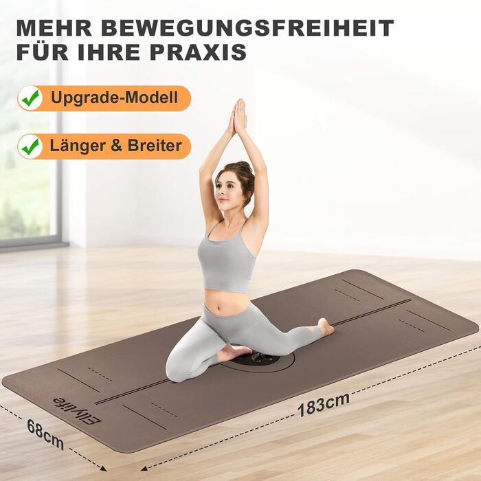 Килимок для йоги та пілатеса з еко-каучуку та TPE, протиковзкий, з лініями розмітки та ременем для перенесення, коричневий, 4мм