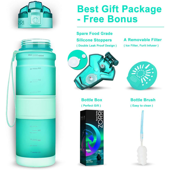 Спортивна пляшка ZORRI 503 мл, 1 л, 700 мл, 500 мл, 400 мл, BPA-Free, для води та газованих напоїв, без витоку, еко-пляшка для дітей, школи, спортзалу, фітнесу, велосипеда, м'ятно-зелений колір