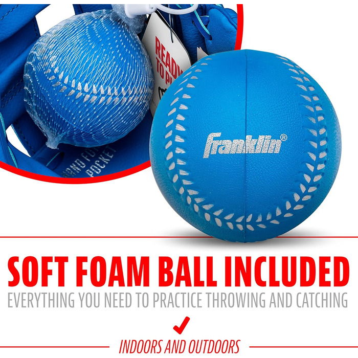 Рукавичка для бейсболу Franklin Sports RTP Kinder Teeball (24,1 см, права рука, королівський синій) + м'яч - дитячий набір для ті-болу для хлопчиків та дівчаток