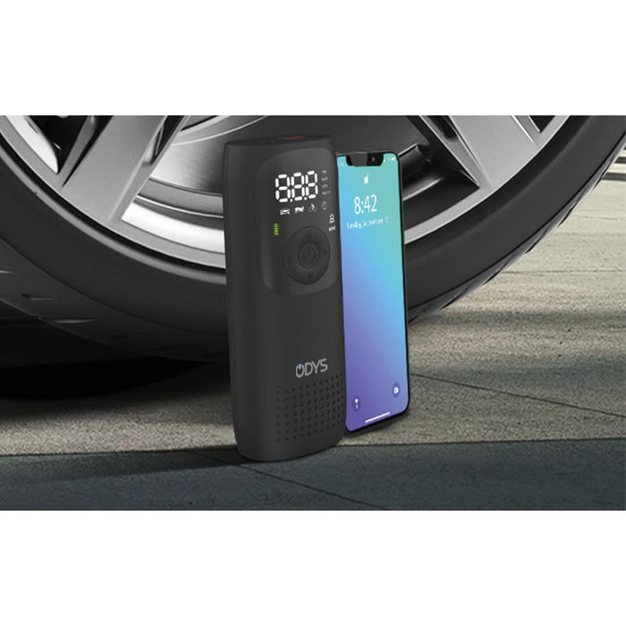 ODYS FlexPump акумуляторний портативний електричний компресор-насос для авто, мотоцикла, велосипеда, самоката, м'ячів (0-10 Бар, 0-150 PSI, 2000 мАг, зарядка USB-C, цифровий дисплей, LED-підсвітка)