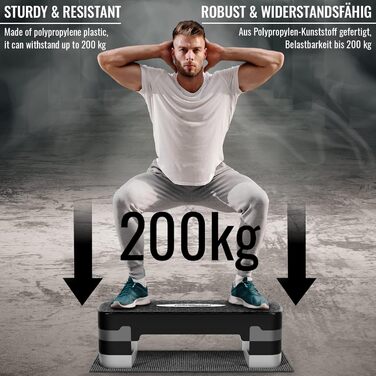 Фітнес степер Physionics® з 3 рівнями (10/15/20 см), регульована висота, антиковзне покриття, до 200 кг - для кардіотренувань вдома