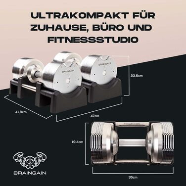 Регульовані гантелі BRAINGAIN 2 x 32,5 кг, хром/чорні – універсальні ваги для домашнього силового тренування