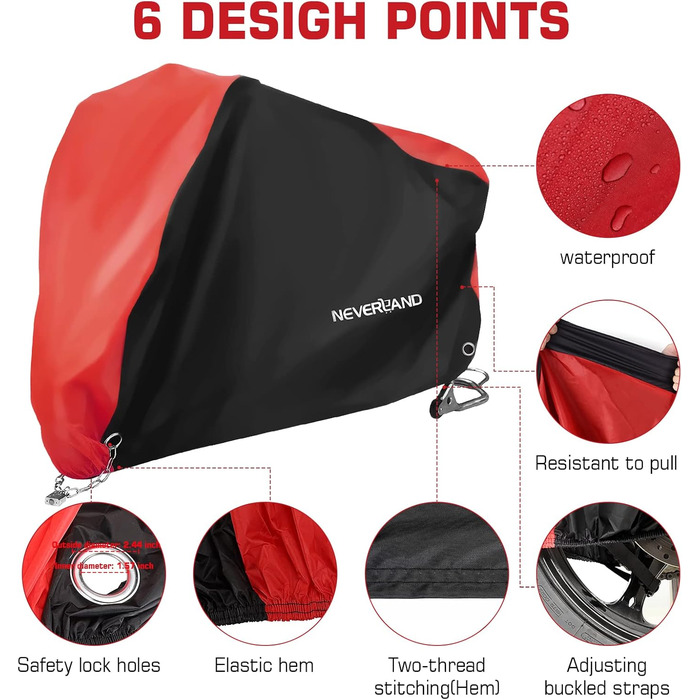 Водонепроникний чохол для мотоцикла NEVERLAND XXXL (255x75x145см), 300D Oxford, захисна навіс-гараж з замками та вітрозахистом, чорно-червоний