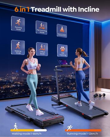 Бігова доріжка для дому Laufband 6-в-1 з автоматичним нахилом 0-15%, 3.0 к.с., складна, для дому та офісу, з динаміками, до 136 кг (винний колір, 137x71.8x13 см)