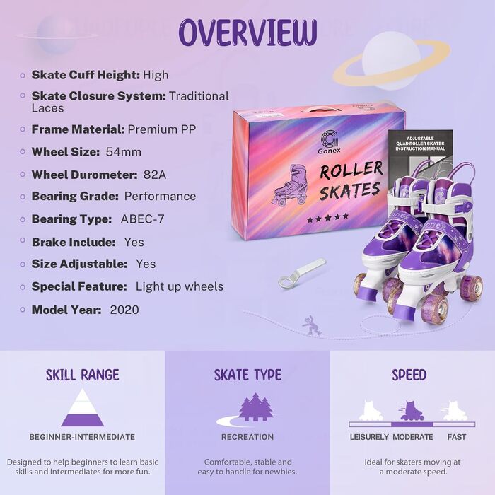 Роликові ковзани Gonex регульовані, світлові, для дівчаток, хлопчиків, дітей та дорослих, A-GALAXIE LILA S, розмір 31-34 (29-32)