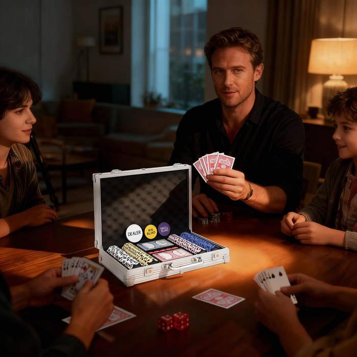 Набір покерних фішок у кейсі, з кубиками, кнопкою ділера, 2 колодами карт, сріблястого кольору