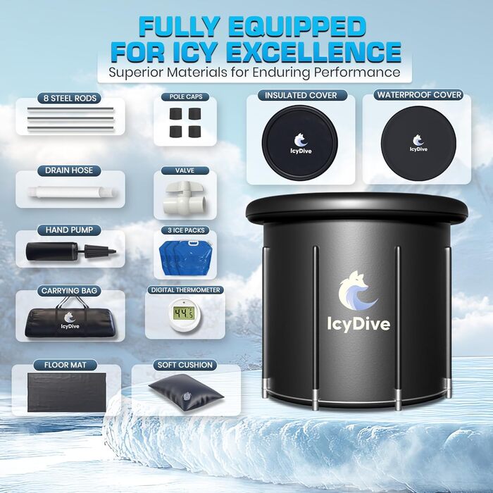 Електрична ванна для криотерапії XL 105GL для дорослих з насосом, термометром та акумуляторами льоду, з надувним кришкою та зливом, для дому