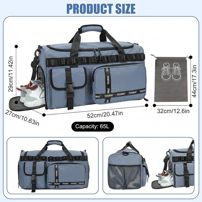 Спортивна сумка для подорожей 65л з відділенням для взуття та мокрих речей, містка сумка в зал та для плавання, синя