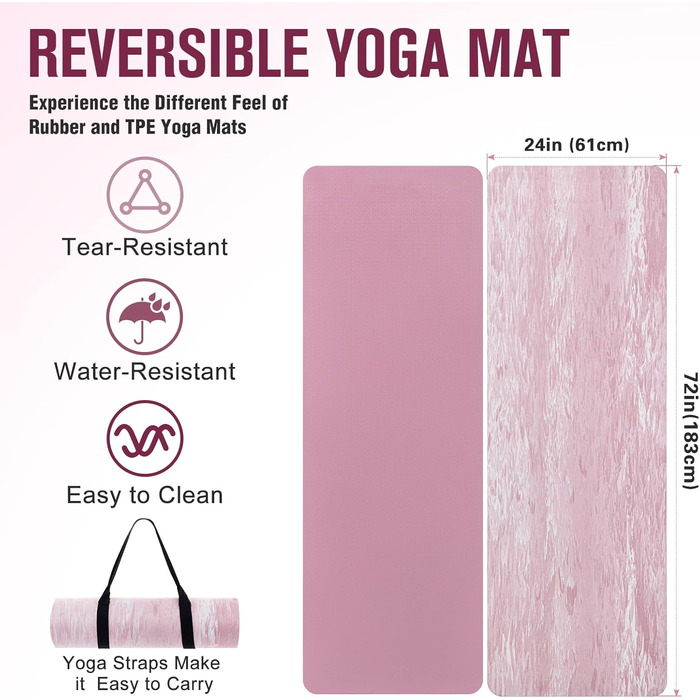Килимок для йоги Marjar з неслизьким покриттям, фітнес-килимок для занять спортом, 183 x 61 x 0.6-1 см, рожевий