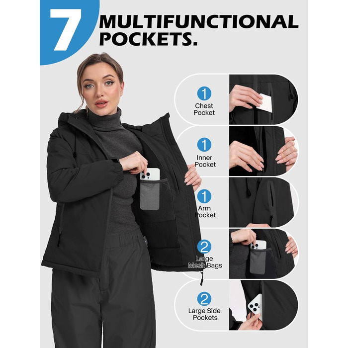 Жіноча лижна куртка GEMYSE з інтегрованими плечовими ременями. Тепла водонепроникна вітронепроникна куртка-сніжинка для активного відпочинку (M, Чорний)