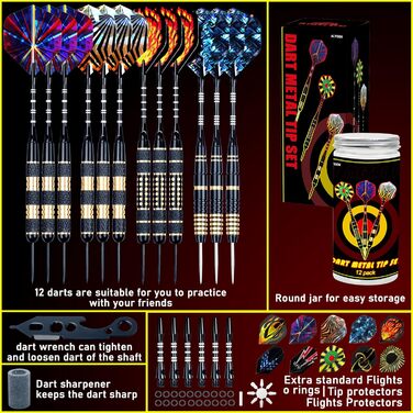 Професійні дротики Alyoen Metallspitze (12 шт) 20/24/26 г з аксесуарами: алюмінієві стебли, пір'я, точилка, захист наконечників, гумові кільця