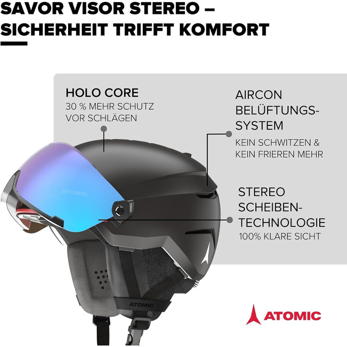 Гірськолижний шолом ATOMIC Savor Visor Stereo з візором, чорний, розмір 59-63, максимальна амортизація, вентиляція Aircon, дзеркальне покриття