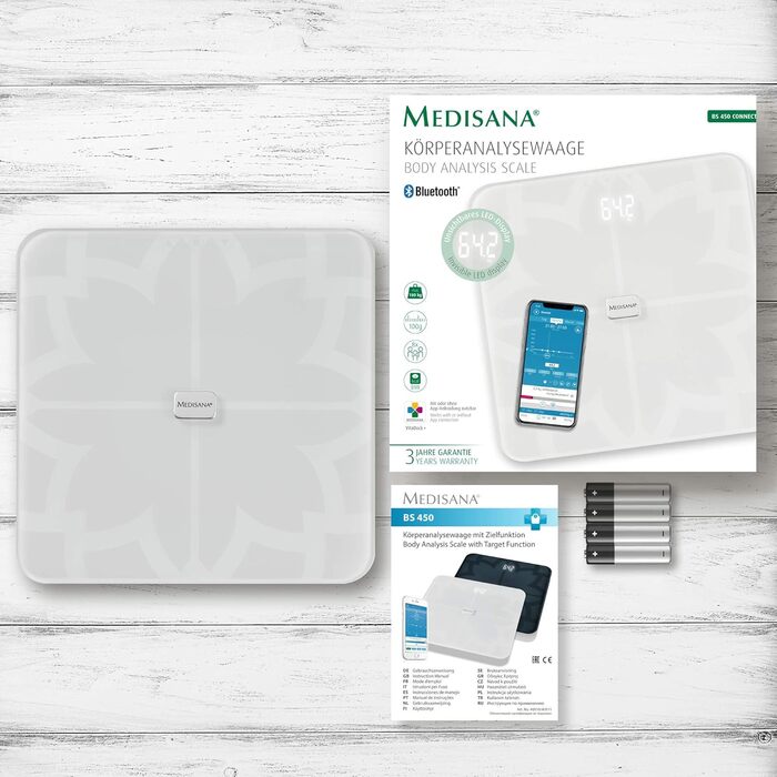 Medisana BS 450 Connect – цифрова вага для тіла, жирові та водні показники, аналіз м'язової маси й кісткової тканини, з додатком, чорна