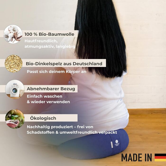Подушка для йоги та медитації Inner Peace Halbmond (42x20 см), синя. Бавовна, гречане лушпиння, знімний чохол.