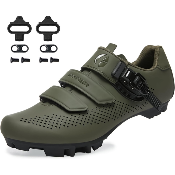 Велосипедні черевики для гірського велосипеда (MTB) для чоловіків та жінок, сумісні з SPD-кріпленнями, зелені (45 EU, зелені з 4 чорними кріпленнями)