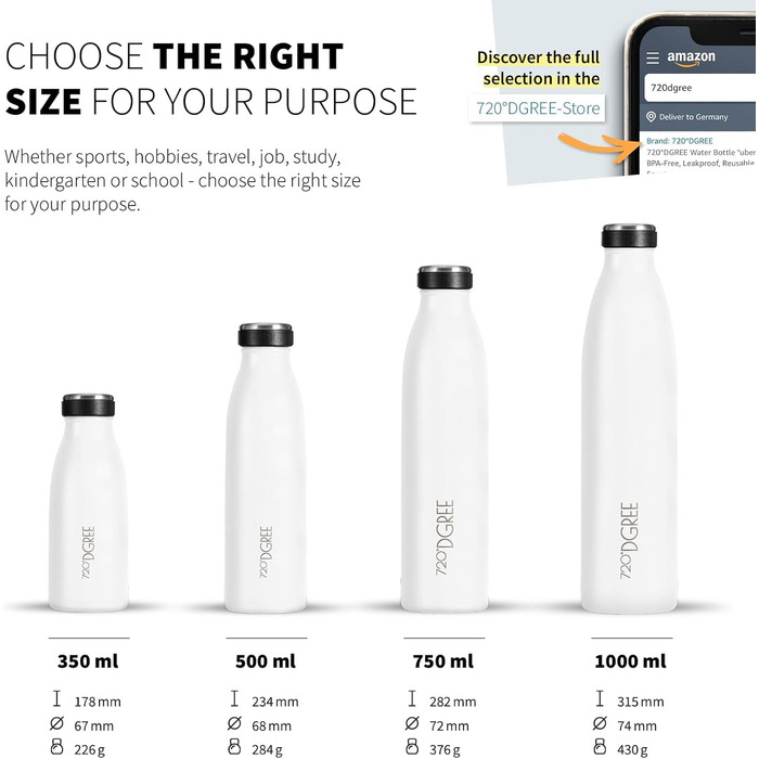 Дитяча термос пляшка з нержавіючої сталі 720°DGREE milkyBottle 350 мл, біла, BPA-free, для газованої води, школи та спорту