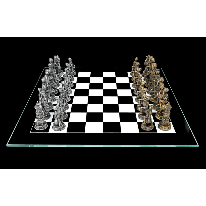 Шахи середньовічні лицарі Золото vs Срібло - набір шахів з скляною шахівницею та фігурами
