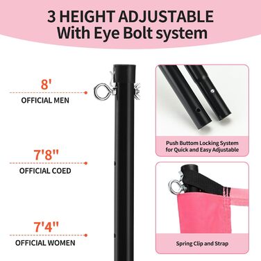 Набір для волейболу на відкритому повітрі: портативна сітка, м'яч PU, насос, сумка та міцна сітка (32 фути, рожевий)