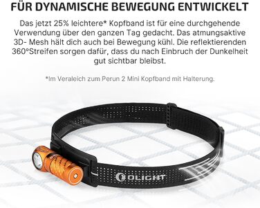 Ліхтар налобний Olight Perun 3 Mini LED, 920 люмен, перезаряджається, з червоним світлом, 8 режимів, IPX8, для активного відпочинку, риболовлі, чорний (оранжевий)