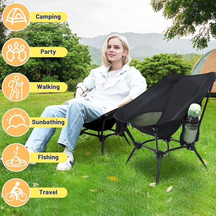 Складний туристичний стільчик для кемпінгу, Ultraleicht, регульована висота, з кишенями, компактний, для пікніків, риболовлі, саду, походів, спорту, відпочинку на природі, чорний