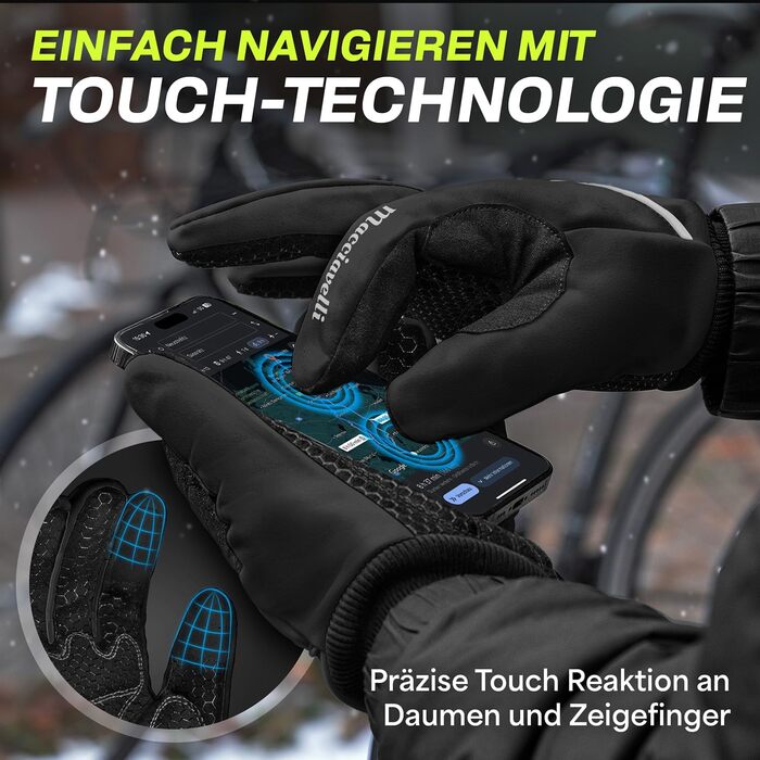 Велосипедні рукавички MACCIAVELLI® для чоловіків та жінок - зимові теплі термо рукавички з підтримкою сенсорного екрану для шосе, MTB та гірського велосипеда. Вітро- та водонепроникні, чорного кольору, розмір L