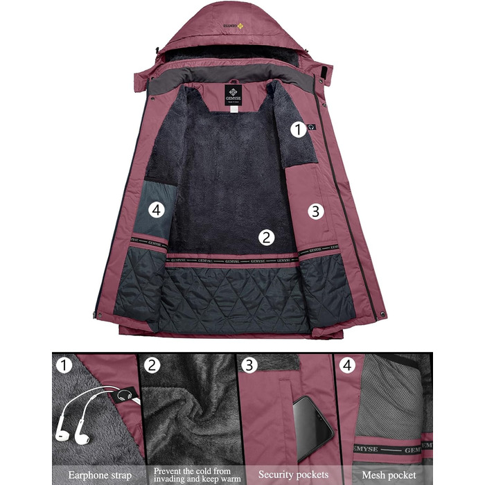 Жіноча водонепроникна гірськолижна куртка GEMYSE з флісовою підкладкою, вітрозахисна, з капюшоном, світло-рожевий колір