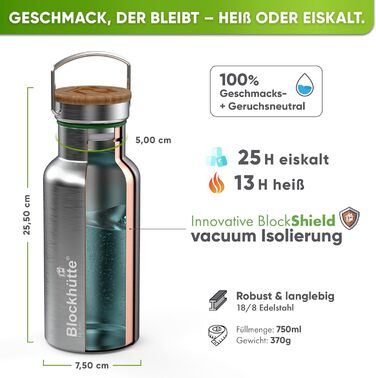 Термос-пляшка з нержавіючої сталі Premium 750 мл з щіткою з натуральної щетини | Ізольована, не протікає, для спорту та відпочинку | Без BPA, срібляста