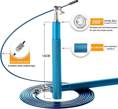 Стрибувальний канат Speed-Spring з підшипниками 360°, регульований сталевий трос та алюмінієвими ручками для фітнесу, боксу та спорту, для дітей та дорослих, синій