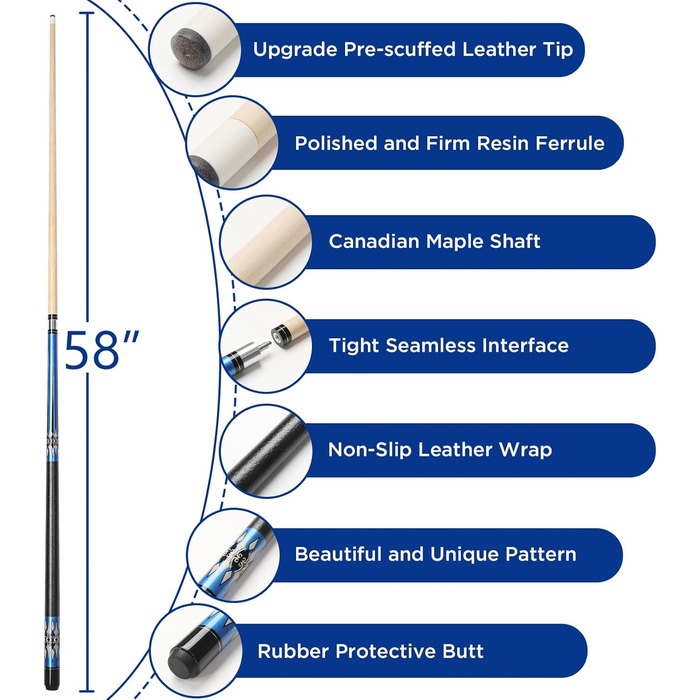Більярдний кий 20oz, 58' професійний, 13mm вершина, для більярдного столу, 8/9 куль, синій