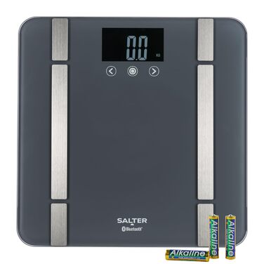 Розумні ваги Salter SA00432GFEU6 для ванної кімнати, Bluetooth, 200 кг, вимірювання ваги, жиру, води, м'язової та кісткової маси, BMI/BMR, 8 профілів, синхронізація з додатком Salter Health, сірі