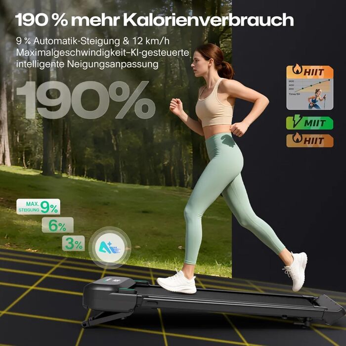 Біговий тренажер Smart з автоматичним нахилом 9%, двигун 2.5 PS Brushless, складаний біговий килимок для дому та офісу, велика площа для бігу, тихий та для суглобів, додаток з AI, World-Tour та HIIT, автоматичний нахил з столом та ручкою підтримки