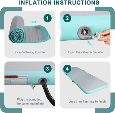 Гімнастичний надувний мат для акробатики та тренувань, 10/20 см, надувний, з насосом, 400x100x10 см, зелений